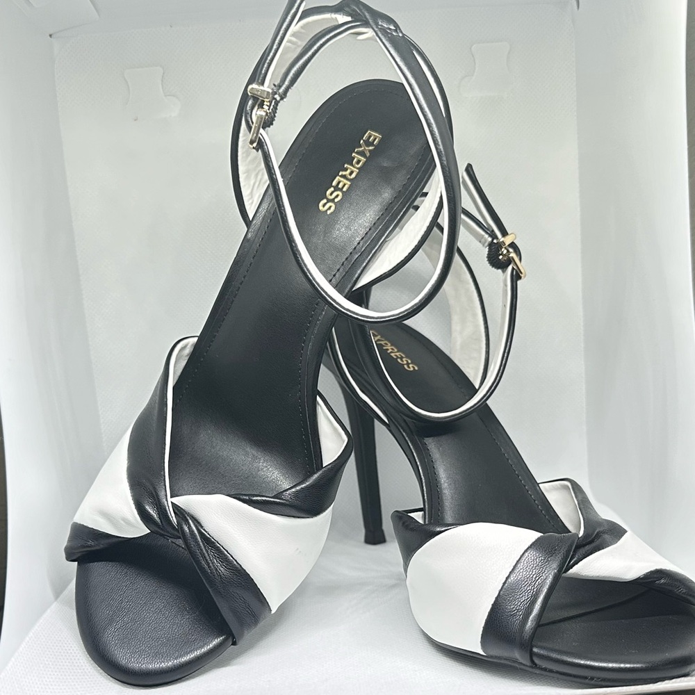 Black and White Ankle Strap Sandals in Black Leather